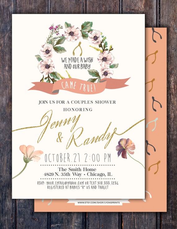 BOHO, wishbone, couples shower, Baby Shower Invitation, floral, co-ed shower, flowers, baby, co-ed baby shower, baby girl shower, tribal Il_570xn