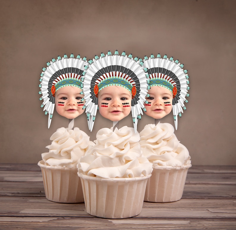 Photo Cupcake Toppers, Digital File, Indian, chief, western,, first birthday, Thanksgiving, pow wow, party, birthday, western image 1