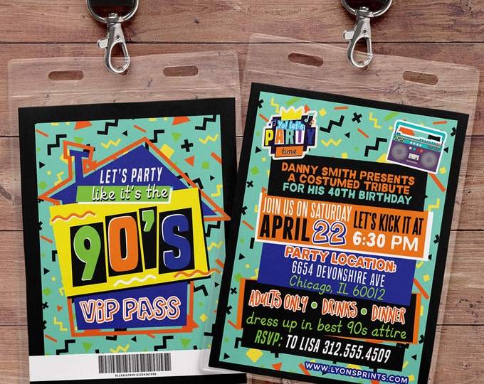 90s party, 80s party,Hip Hop, throwback, VIP PASS, backstage pass, Vip invitation, birthday invitation, lanyard, birthday, fresh prince