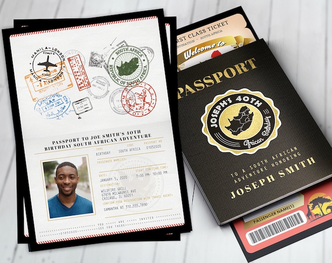 PASSPORT and TICKET Birthday invitation, travel invitation, South Africa Passport, South African Birthday,  Digital files only