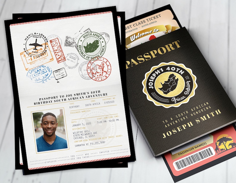 South Africa Passport South African Birthday travel invitation Digital files only PASSPORT and TICKET Birthday invitation