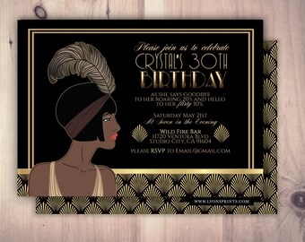 Great Gatsby birthday invitation, Roaring 20's, Hollywood film theme party invite. Black and gold glam printable digital invite, glam