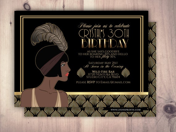 Great Gatsby birthday invitation, Roaring 20's, Hollywood film theme party invite. Black and gold glam printable digital invite, glam Il_570xn