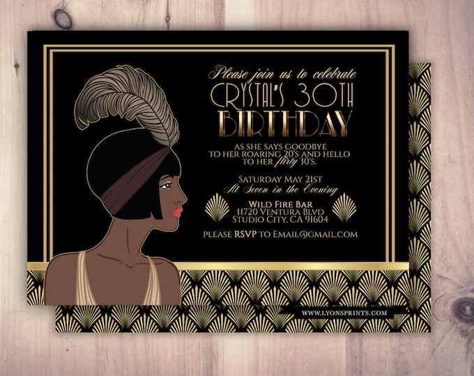 Great Gatsby birthday invitation, Roaring 20's, Hollywood film theme party invite. Black and gold glam printable digital invite, glam
