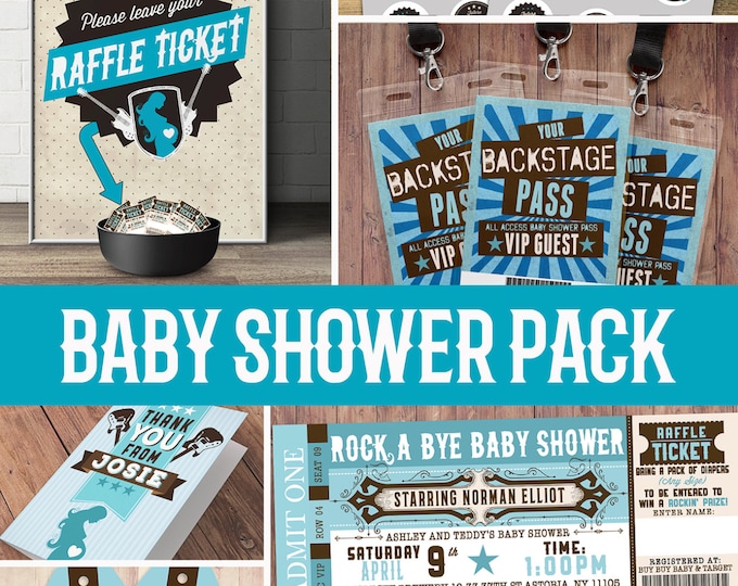 Party pack, party decorations, Coed baby shower invitation- rockstar invitation- boy baby shower, thank you, raffle ticket, party sign