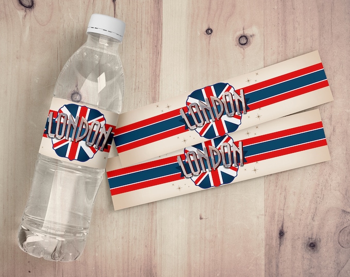London water labels, UnionJack labels, British, Great Britain, Travel theme, water label, printable
