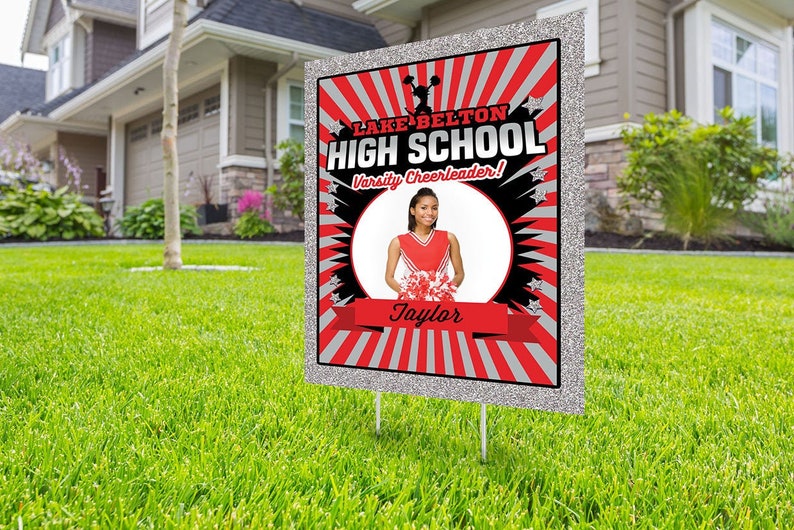 Cheerleader lawn sign design, Digital file only, Photo Yard Sign design,High School Senior, Welcome Sign Congrats, Graduation lawn sign RED-PHOTO