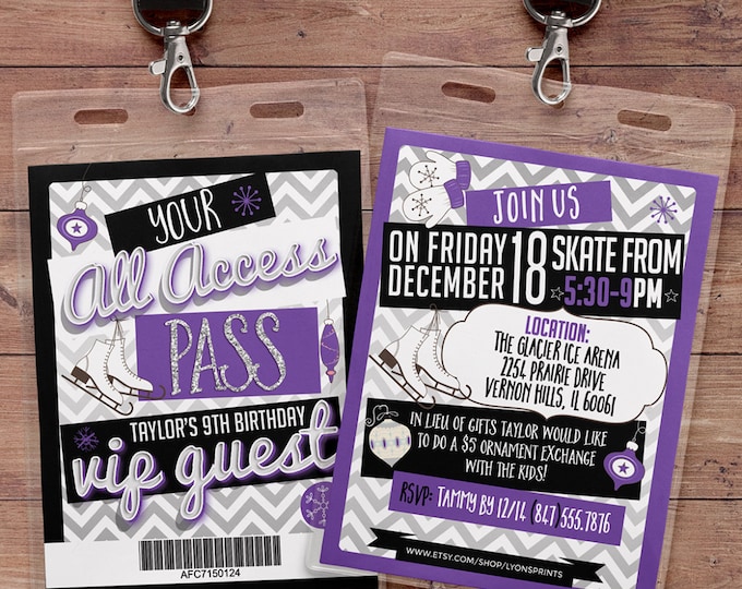 Ice Skating, invitation, birthday, VIP PASS, backstage pass, Vip invitation, birthday invitation,lanyard, Rock Star birthday, winter,chevron