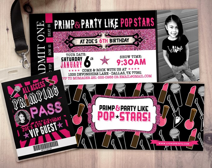 Spa party, Pop star, Rock Star concert ticket birthday party invitation- primp, rockstar party, pop star, karaoke party, girl birthday