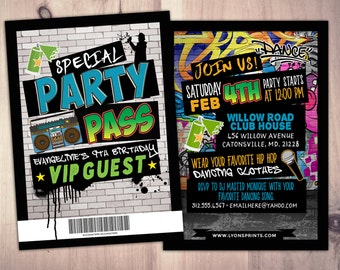 Hip Hop, Swagger, VIP PASS, backstage pass, Vip invitation, birthday invitation, pop star, lanyard, Fresh Prince, birthday, DJ, 90s party