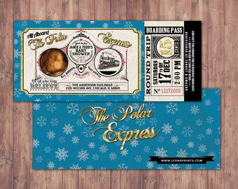 May include: A blue and gold invitation for a baby shower themed around the Polar Express. The invitation features a train, snowflakes, and the text "All Aboard The Polar Express".