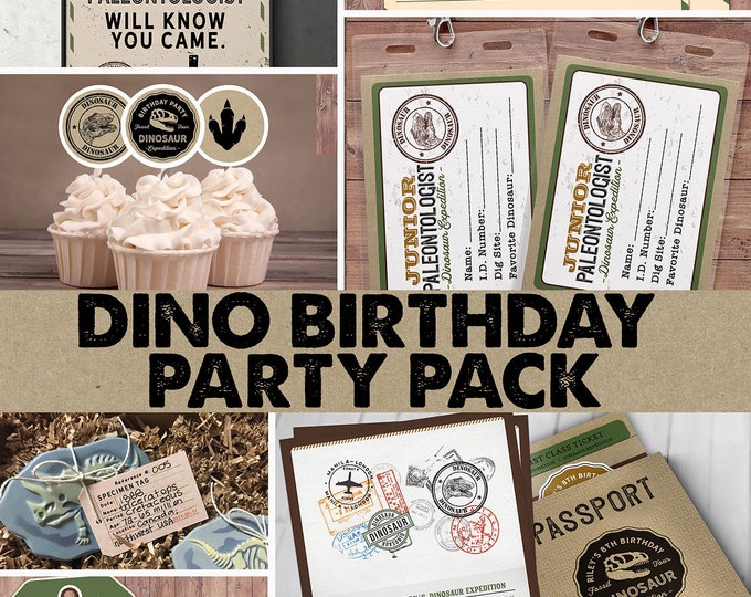 Dinosaur Dig Party party pack, Dinosaur Birthday Invitation, party signs, Dino Skeleton and Bones - Archaeologist, Fossil, passport invite