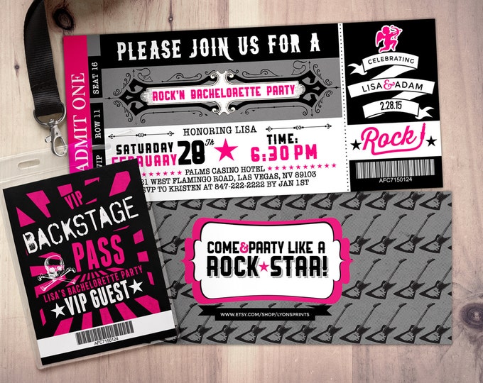 Bachelorette Party Invite/Bachelor Party invitation, ticket bridal shower invitation, rockstar bachelor, save the date, wedding invitation