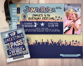Peut inclure: Un billet bleu et jaune avec le texte "Jamie Palooza 2024" et "Jamie's 4th Birthday Festival". Le billet a une photo d'une fille avec des lunettes de soleil roses jouant de la guitare. Le texte "Samedi 3 février" et "Ouverture des portes : 12h00" est également sur le billet.