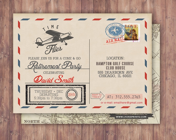 Time flies, Vintage Airplane, post card, retirement party, Birthday Invitation- Vintage / Rustic / Airplane / ticket invitation,