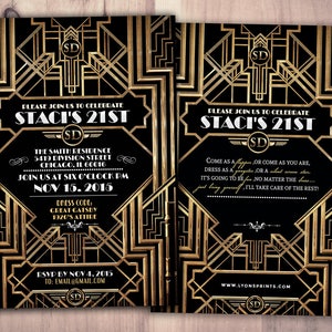 Great Gatsby birthday invitation, Roaring 20's, Hollywood film theme party invite. Black and gold glam printable digital invite, glam,