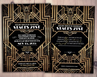 May include: A black and gold invitation with an Art Deco design. The invitation is for Staci's 21st birthday party. The text on the invitation reads "Please join us to celebrate Staci's 21st".
