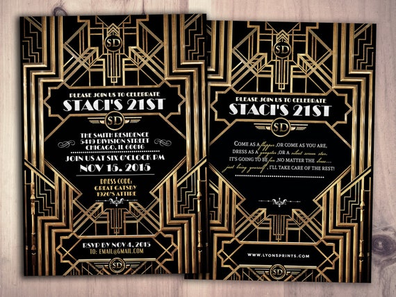 Great Gatsby birthday invitation, Roaring 20's, Hollywood film theme party invite. Black and gold glam printable digital invite, glam, Il_570xn