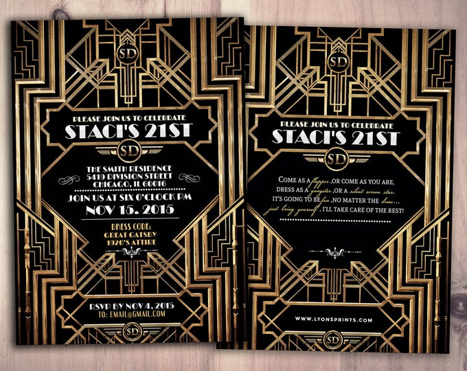 Great Gatsby birthday invitation, Roaring 20's, Hollywood film theme party invite. Black and gold glam printable digital invite, glam,