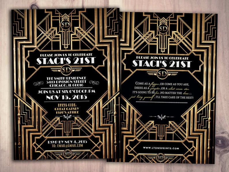 Great Gatsby birthday invitation, Roaring 20's, Hollywood film theme party invite. Black and gold glam printable digital invite, glam, image 1