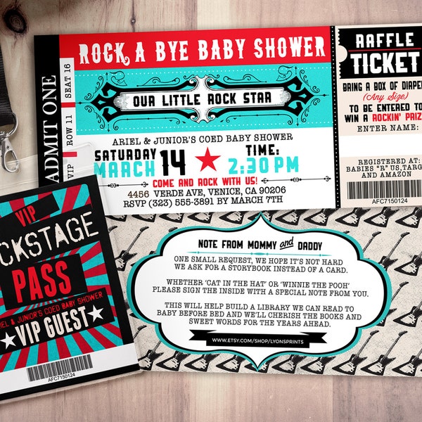 ROCK STAR concert ticket baby shower invitation-Coed baby shower invitation- Rock baby shower invitation- couples baby shower - music