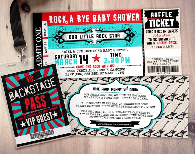 ROCK STAR concert ticket baby shower invitation-Coed baby shower invitation- Rock baby shower invitation- couples baby shower - music