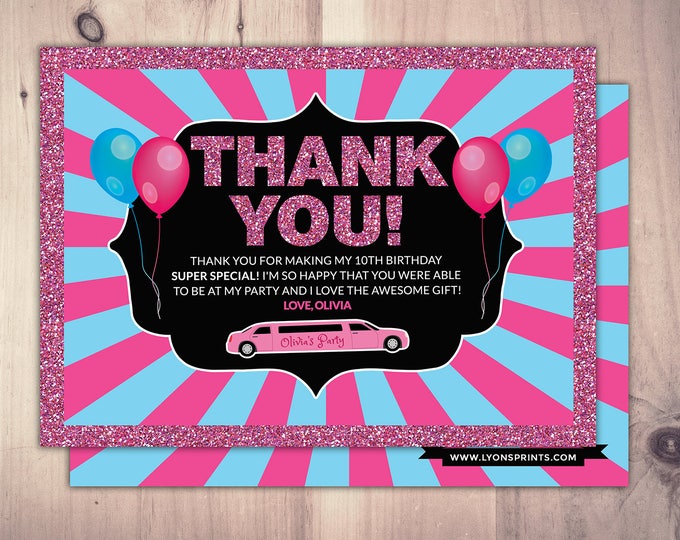 Thank you card, Limo pass, Birthday party,, cocktail party, birthday, wedding, bachelor, party bus, glitter