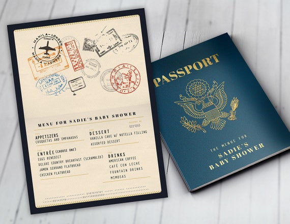 Menu, Itinerary, passport, precious cargo, travel theme, travel party, Graduation, baby shower, birthday, wedding, Digital files only Il_570xn