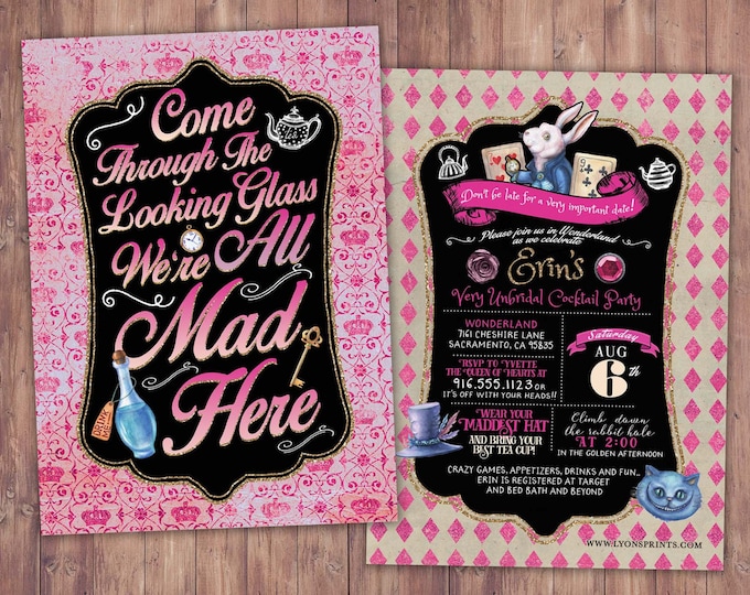 Wedding, bridal shower, Tea Party, Wonderland Invitation, Birthday Invitation, through the looking glass, wonderland invite