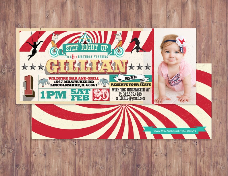 Birthday circus ticket-carnival ticket invitation vintage circus, retro, ticket invitation, carnival, circus birthday invitation, first SAMPLE PHOTO 4