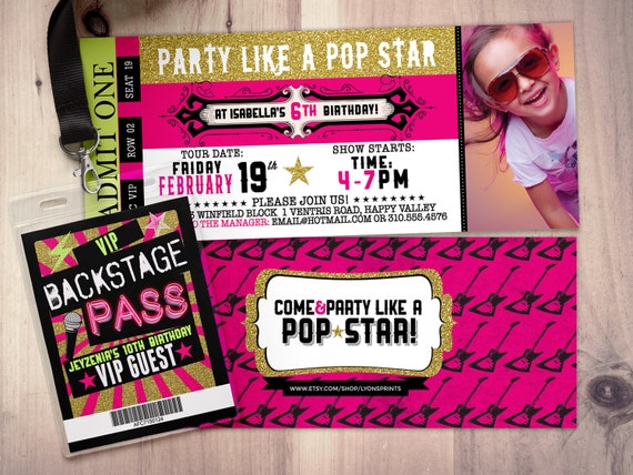 Pop star, Rock Star concert ticket birthday party invitation- Music invitation- printable, rockstar party, pop star, karaoke party, Il_570xn
