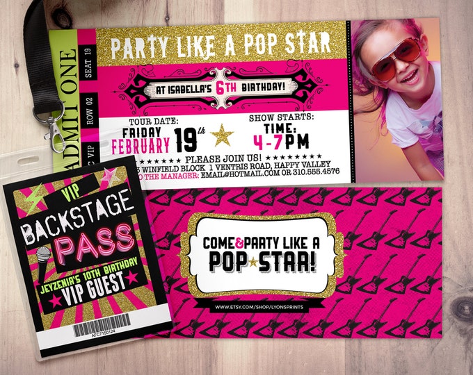 Pop star, Rock Star concert ticket birthday party invitation- Music invitation- printable, rockstar party, pop star, karaoke party,