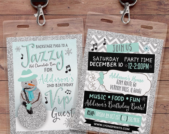 Winter, Birthday invitation, winter ONEderland,- Jazz invitation, Jazz, snowman invitation, VIP pass, retro, music notes, hot chocolate bar