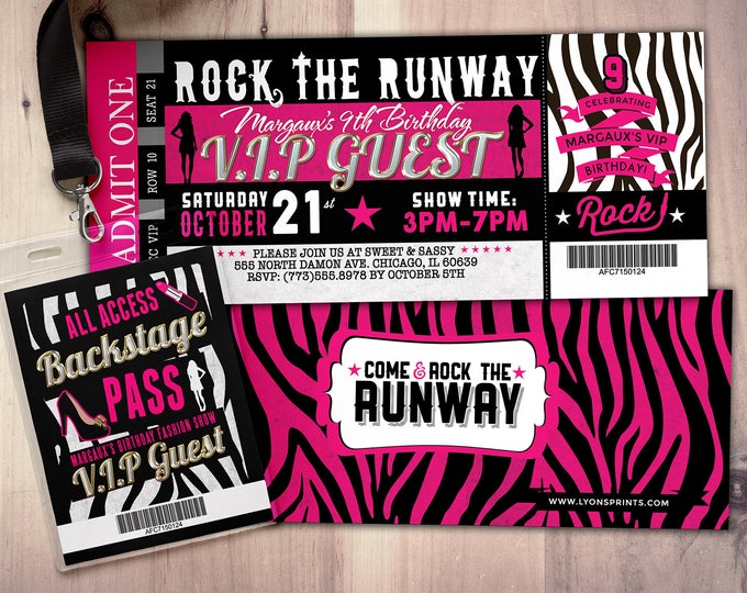 Rock the Runway, ticket birthday party invitation- popstar invitation-  rockstar party, fashion birthday, zebra print, high fashion, runway