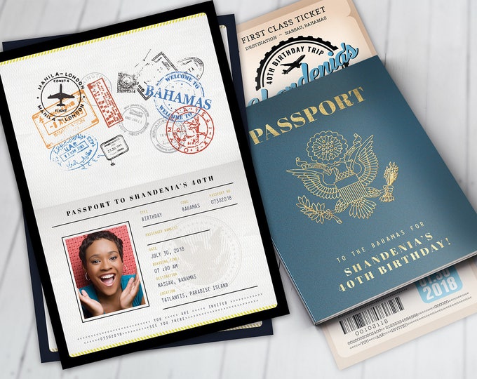 Passport and ticket birthday invitation, travel birthday party invitation,  cruise invitation, Bahamas, Digital files only