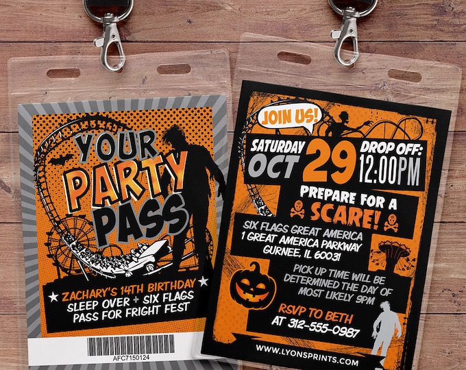 Amusement Park party, Halloween party invitation, vip pass invite, roller coaster invite, theme park invite, VIP pass