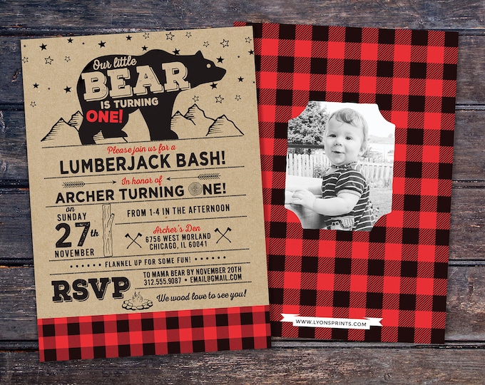 Lumberjack birthday Invitation, Buffalo Plaid Woodland Invitation, Lumberjack Invite, moose invite, bear invite, camping invitation