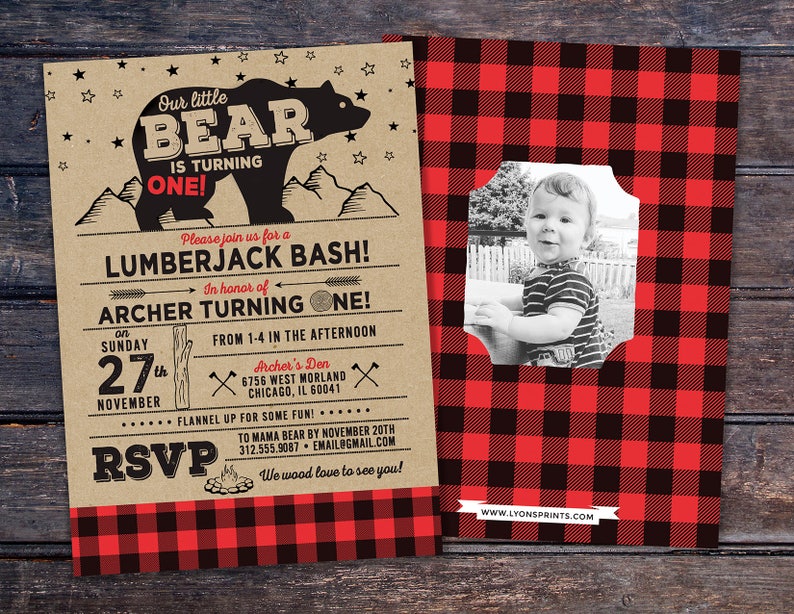 ANY AGELumberjack birthday Invitation //  Buffalo Plaid BOY BEAR