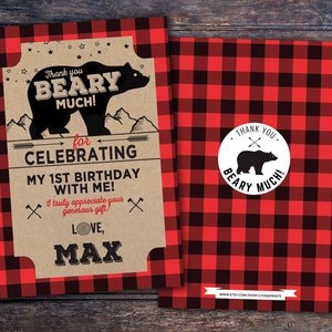 Baby shower, thank you, digital file only, Lumberjack thank you card, Lumberjack birthday, Buffalo Plaid Woodland. bear thank you card RED BEAR