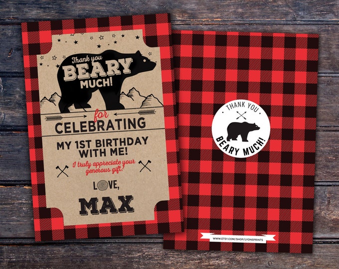 Baby shower, thank you, digital file only, Lumberjack thank you card, Lumberjack birthday, Buffalo Plaid Woodland. bear thank you card