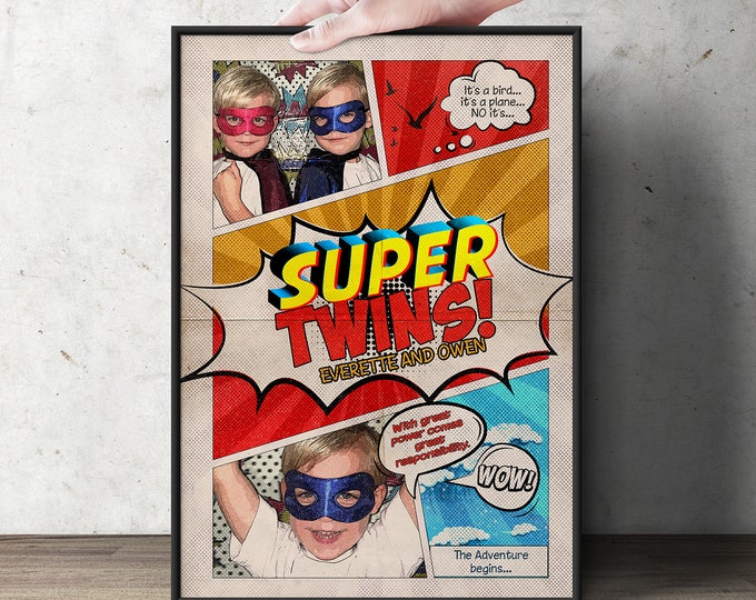 Custom comic poster, Twins birthday, super hero, comic birthday, gift, playroom, wall art, retro wall art, super hero invitation, poster