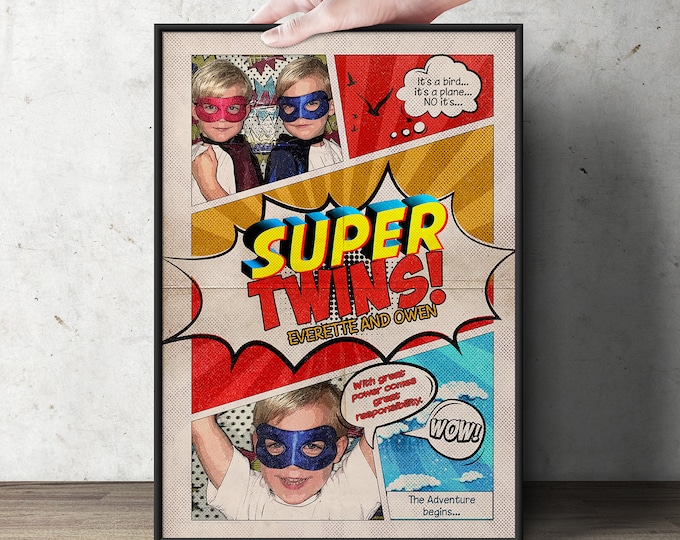 Custom comic poster, Twins birthday, super hero, comic birthday, gift, playroom, wall art, retro wall art, super hero invitation, poster