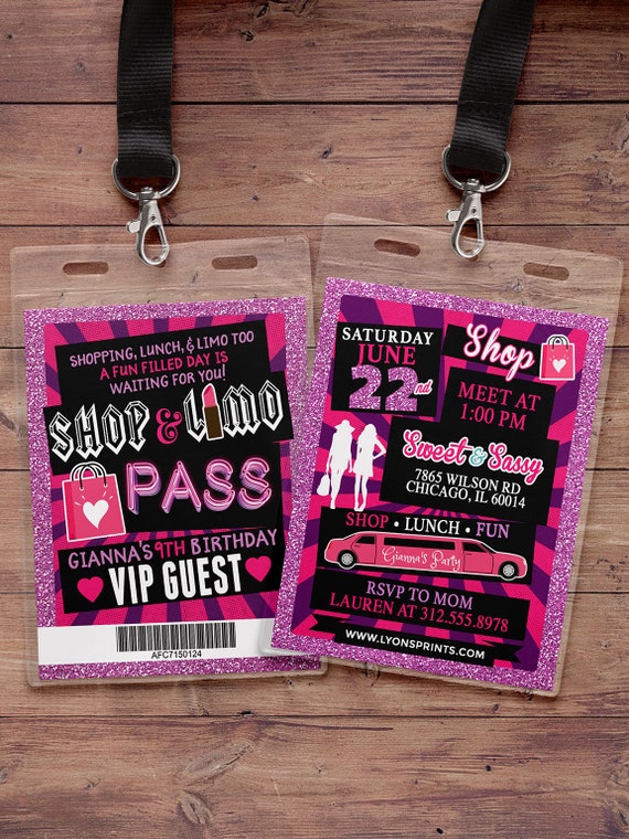 Spa party, primping, Pop star, shopping, VIP pass birthday party invitation- primp, rockstar party, pop star, karaoke party, Digital files Il_570xn