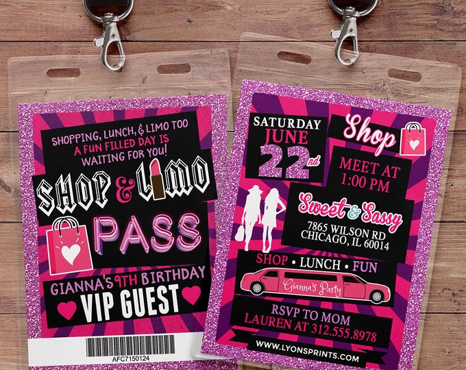 Spa party, primping, Pop star, shopping, VIP pass birthday party invitation- primp, rockstar party, pop star, karaoke party, Digital files