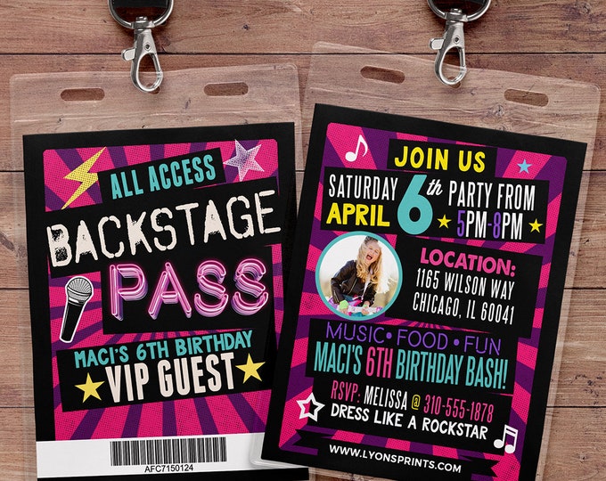 Retro, neon, VIP PASS, backstage pass, Vip invitation, birthday invitation, pop star, bridal shower invite,  lanyard, Rock Star birthday,