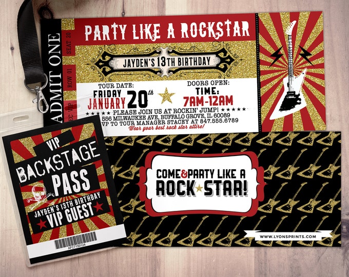 ROCK STAR concert ticket birthday party invitation- Music invitation- photo card, printable, rockstar party, rock star invitation, VIP pass