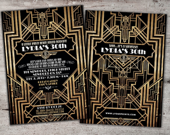 Great Gatsby birthday invitation, Roaring 20's, Hollywood film theme party invite. Black and gold glam printable digital invite, glam,