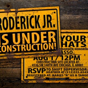 Puede incluir: Un cartel de construcci&oacute;n amarillo y negro con el texto "Roderick Jr. is under construction!" y un segundo cartel con el texto "Your Hats Off Shower Honoring Asso. Aug 1/12pm Construction Site Located At: 4536 SW 140th Ave Chicago, IL 60001 RSVP to Shift Supervisor: Heather at (312)555.6545 Registered at: Babies "R" Us & Target www.etsy.com/shop/lionprints"