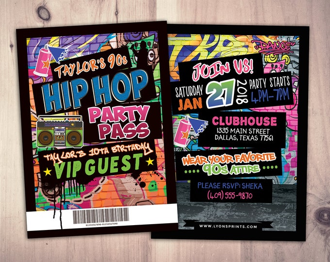 Hip Hop, Swagger, VIP PASS, backstage pass, Vip invitation, birthday invitation, pop star, lanyard, Fresh Prince, birthday,90s party, Neon