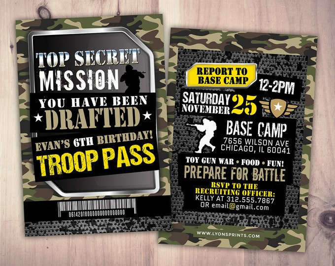 Army Invitation, gun invitation, paintball invitation, Army Camo Birthday Invitation, Military Party Boot Camp, Camouflage Invite
